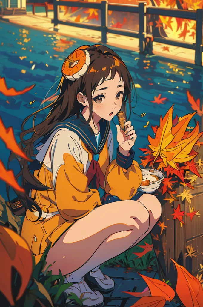 (masterpiece:1.2), Highest quality,Pixiv,Surprised girl,Portraiture、1、Large Breasts、Small waist、Close-up of face、Ecstasy、((((Autumn Outfits、Sailor suit、Squatting sloppily))))、mini skirt、Girl sitting、Beer and Yakitori