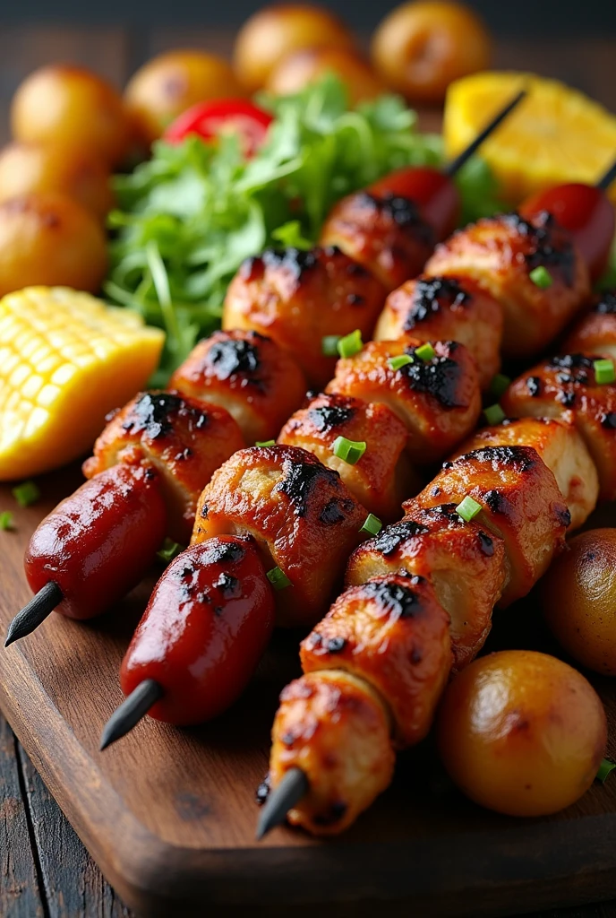 anticucho stick, anticucho stick de pollo y salchicha ahumada, salad, slices of corn, papas