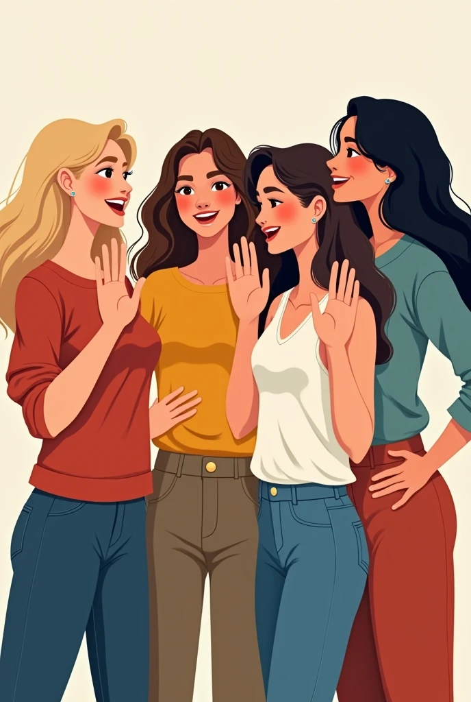 Make me a 2D drawing (not realistic) of FIVE women in their 20s waving, the first one with shoulder length blonde hair with dark brown eyes, the second long wavy brown hair and dark brown eyes, the third shoulder length wavy brown hair with light brown eyes, The fourth one is shorter than the previous ones with light brown eyes and a little bigger., long brown straight hair; the last one with wavy black hair, Dark brown eyes and white skin 
