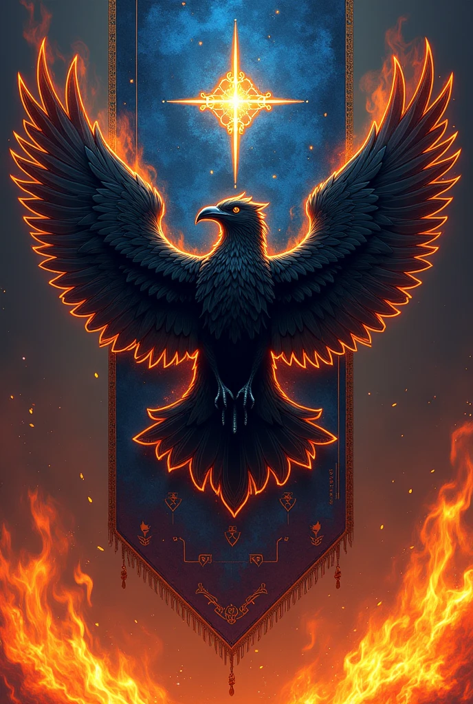 Flag with southern cross on a blue background and the black parade drongo on a orange background flying above the name JHAIKXZ XIV and surrounded by flame