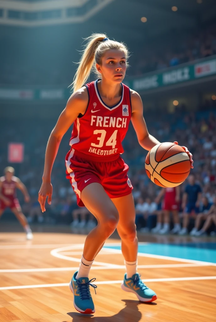 French、Blonde((ponytail))、Blue Eyes、White skin、basketball、During the game、Bright image quality、