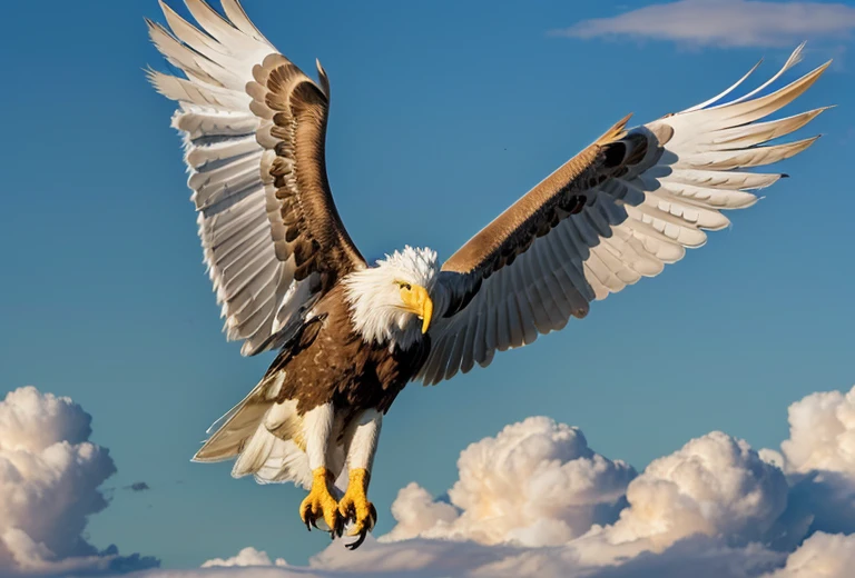 A griffin (head and mane of a white eagle, huge eagle wings attached to the shoulders, fore legs and talons of a bald eagle, body and hind legs of a lion, lion tail) flies majestically in the clouds, special note only one tail