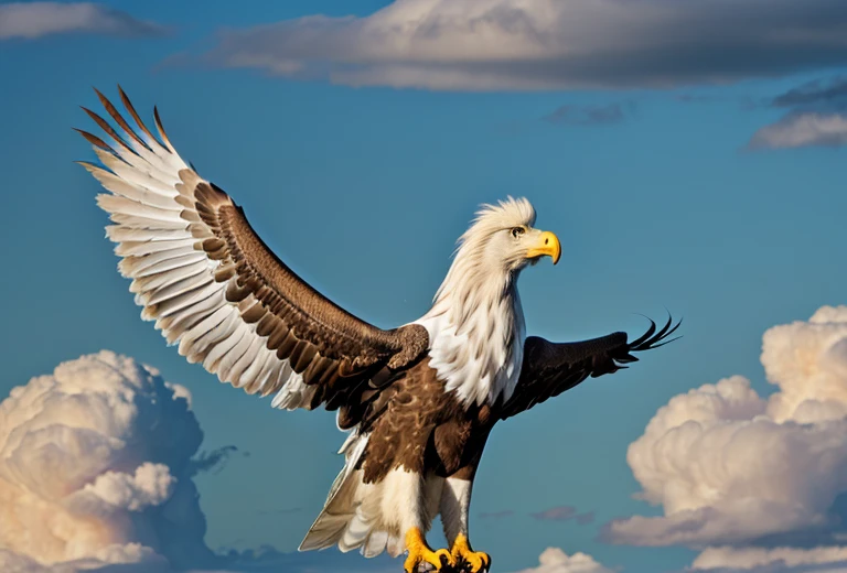 A griffin (head and mane of a white eagle, huge eagle wings attached to the shoulders, fore legs and talons of a bald eagle, body and hind legs of a lion, lion tail) flies majestically in the clouds, special note only one tail
