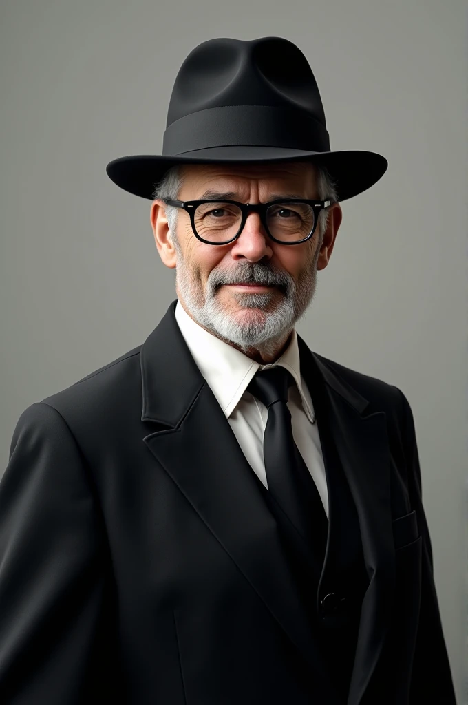 A Man with Hat, glasses, Wearing Black coat suited, Skin tone : White, He's 50 Years Old