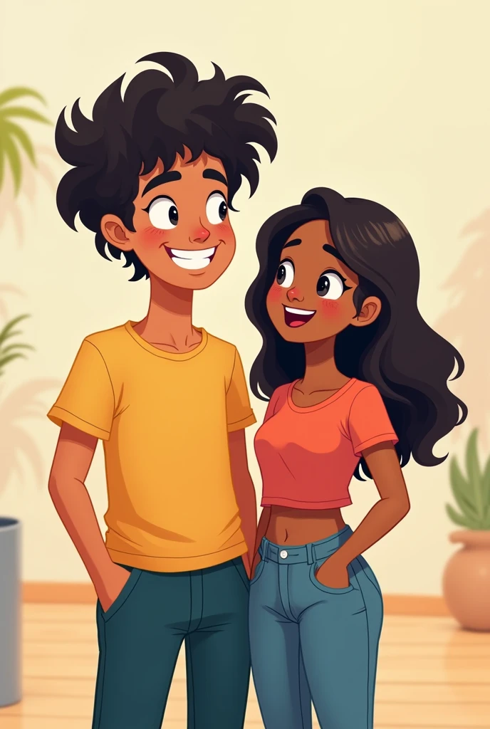 Two young people around , a man and a woman, the man being taller and with very curly hair, both dressed in clothes, and the woman with straight hair. that the whitest male is Latino and the woman is dark-skinned, that the man is without a beard, like in cartoons