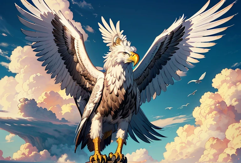 A griffin (head and mane of a white eagle, huge eagle wings attached to the shoulders, fore legs and talons of a bald eagle, body and hind legs of a lion, lion tail) flies majestically in the clouds, special note only one tail