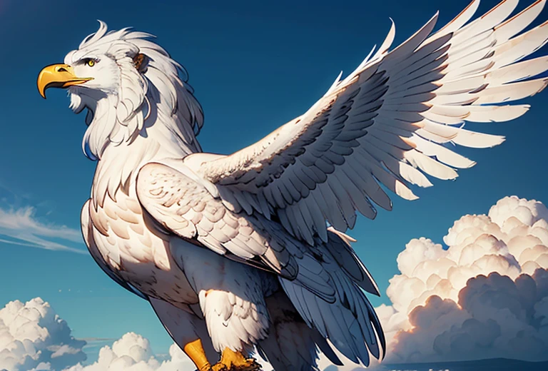 A griffin (head and mane of a white eagle, huge eagle wings attached to the shoulders, fore legs and talons of a bald eagle, body and hind legs of a lion, lion tail) flies majestically in the clouds, special note only one tail