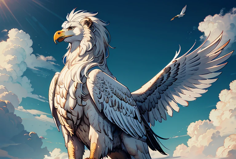 A griffin (head and mane of a white eagle, huge eagle wings attached to the shoulders, fore legs and talons of a bald eagle, body and hind legs of a lion, lion tail) flies majestically in the clouds, special note only one tail