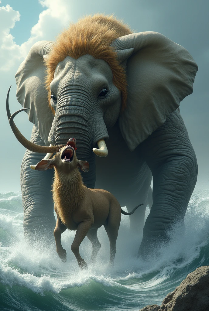 Elephant with lion head  eating deer butally in a  sea 