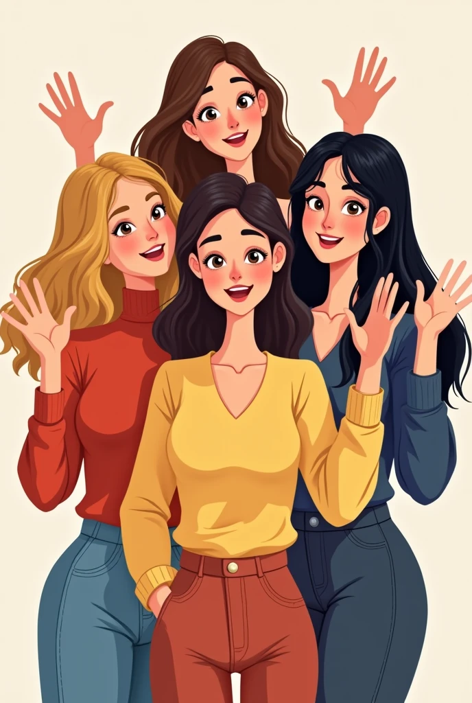 Make me a 2D drawing (not realistic) of FIVE women in their 20s waving, the first one with shoulder length blonde hair with dark brown eyes, the second long wavy brown hair and dark brown eyes, the third shoulder length wavy brown hair with light brown eyes, The fourth one is shorter than the previous ones with light brown eyes and a little bigger., long brown straight hair; the last one with wavy black hair, Dark brown eyes and white skin
