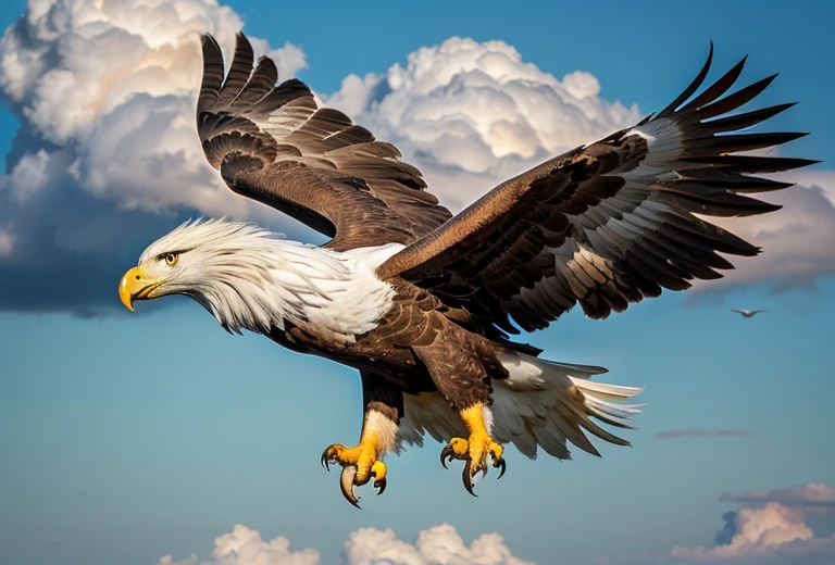 A griffin (head and mane of a white eagle, huge eagle wings attached to the shoulders, fore legs and talons of a bald eagle, body and hind legs of a lion, lion tail) flies majestically in the clouds, special note only one tail
