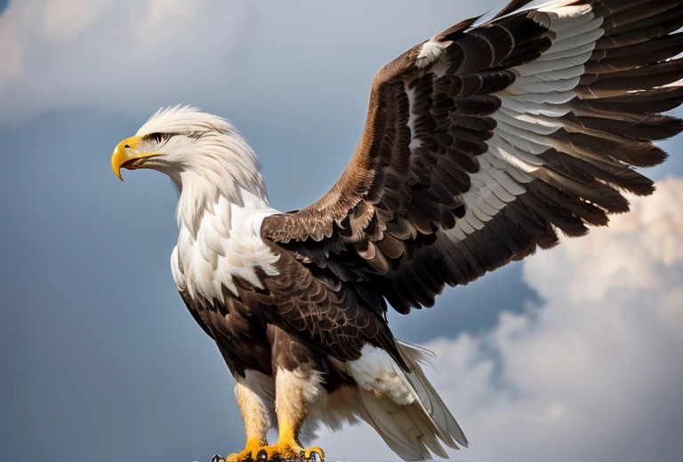 A griffin (head and mane of a white eagle, huge eagle wings attached to the shoulders, fore legs and talons of a bald eagle, body and hind legs of a lion, lion tail) flies majestically in the clouds, special note only one tail