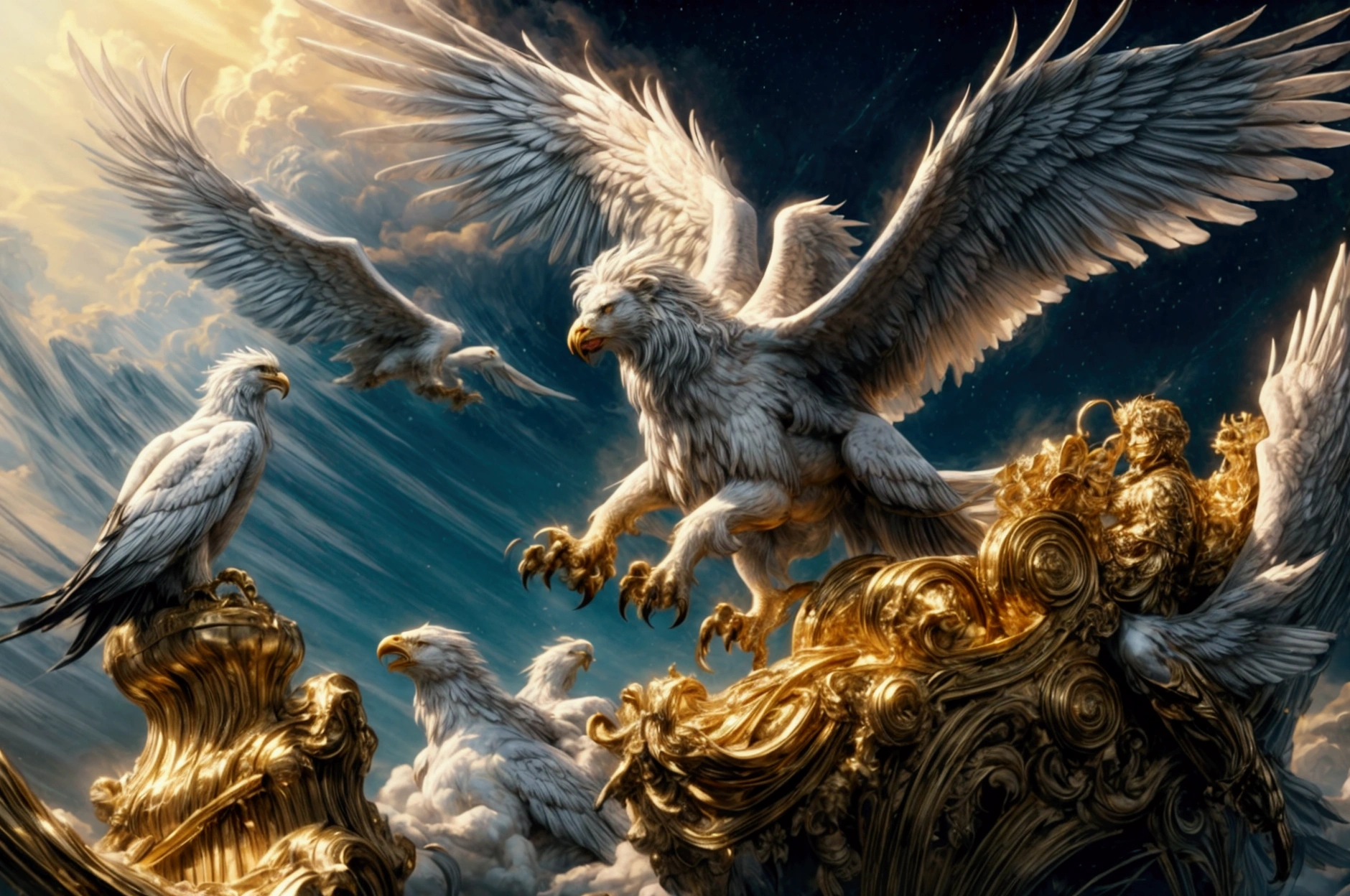 A majestic griffin,The upper body is a white eagle,The lower body of a mythical lion is golden.４A creature with real legs,Gracefully flying through the sky,Guarding a nest of golden treasures。mysterious,Fantasy,Ultra-realistic,8k,high quality,Very detailed,Cinematic lighting,Dramatic lighting,Bright colors,Fantasy,Digital Art,
