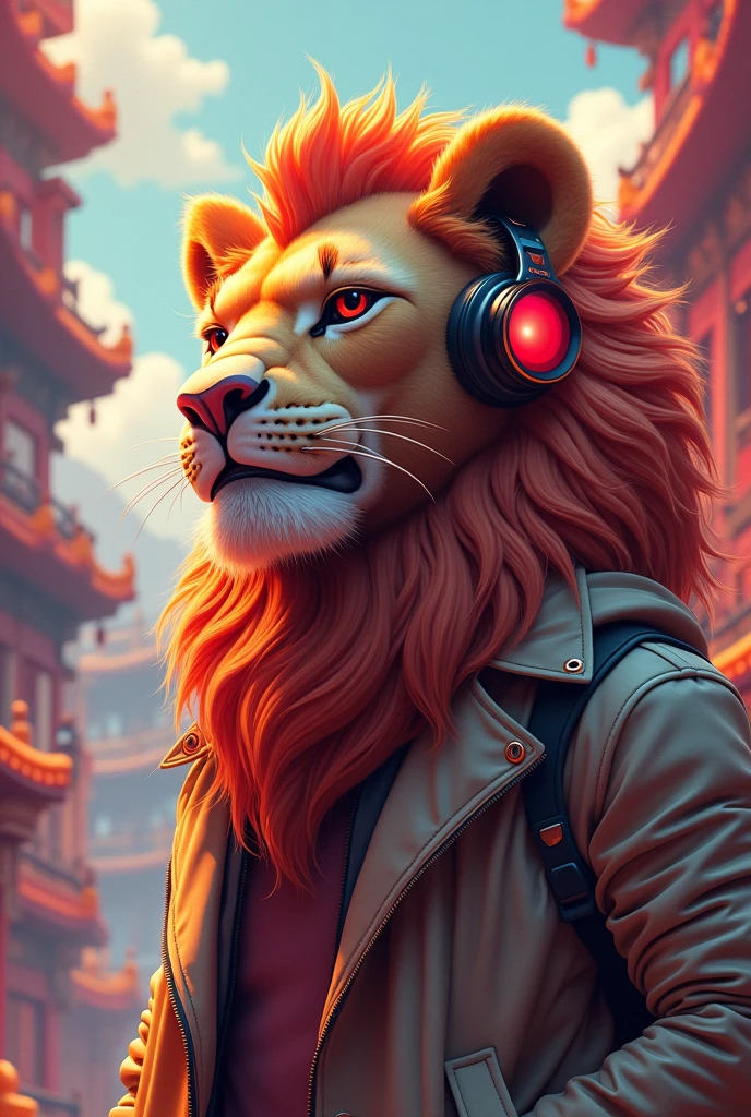 chinese style， cartoon lion，velues，highly detailed surreal vfx，独奏，vision，Ultrathin，extremely detaild，high qualiy，8k ，OC rendering，dynamic perspective, in jacket and headphones