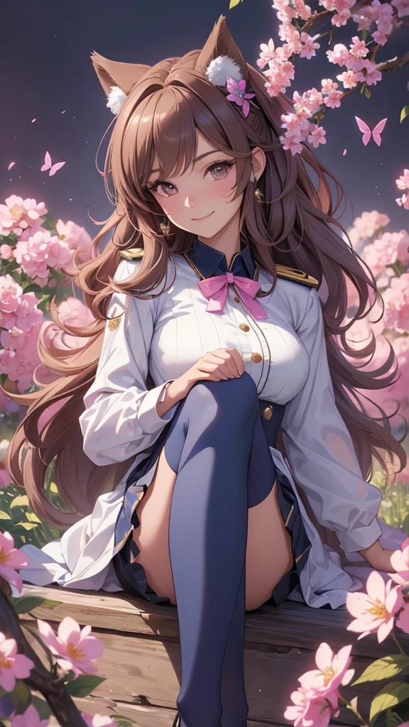 (best quality,4k,8k,highres,masterpiece:1.2),ultra-detailed,(realistic,photorealistic,photo-realistic:1.37),acrylic painting,beautiful Brazilian model in a uniform outfit with downy hair,beautiful Brazilian model with extremely colorful brown hair and detailed facial features,beautiful Brazilian model standing in a beautiful garden sakura flowers, long hair,cat ears, hair bows, uniform blue and pink outfits, smile, happy face,light brown hair,butterflies, brown eyes, mature woman, older woman, 30 year old, adult woman. Older lady, legs crossed