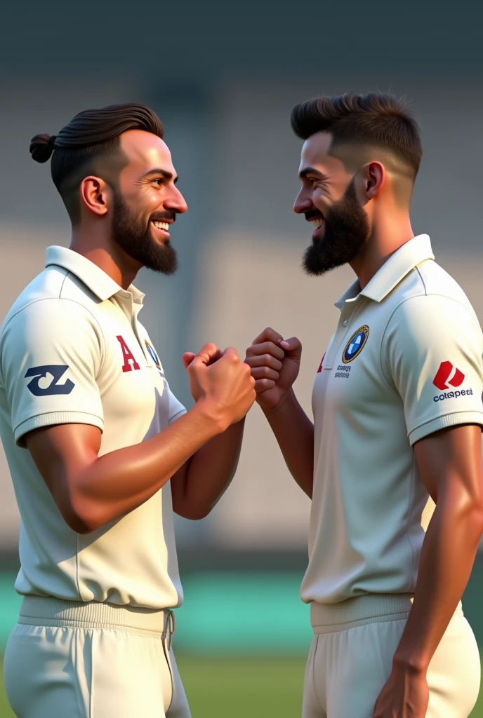 Two person with cricket white jersey fist bumping 