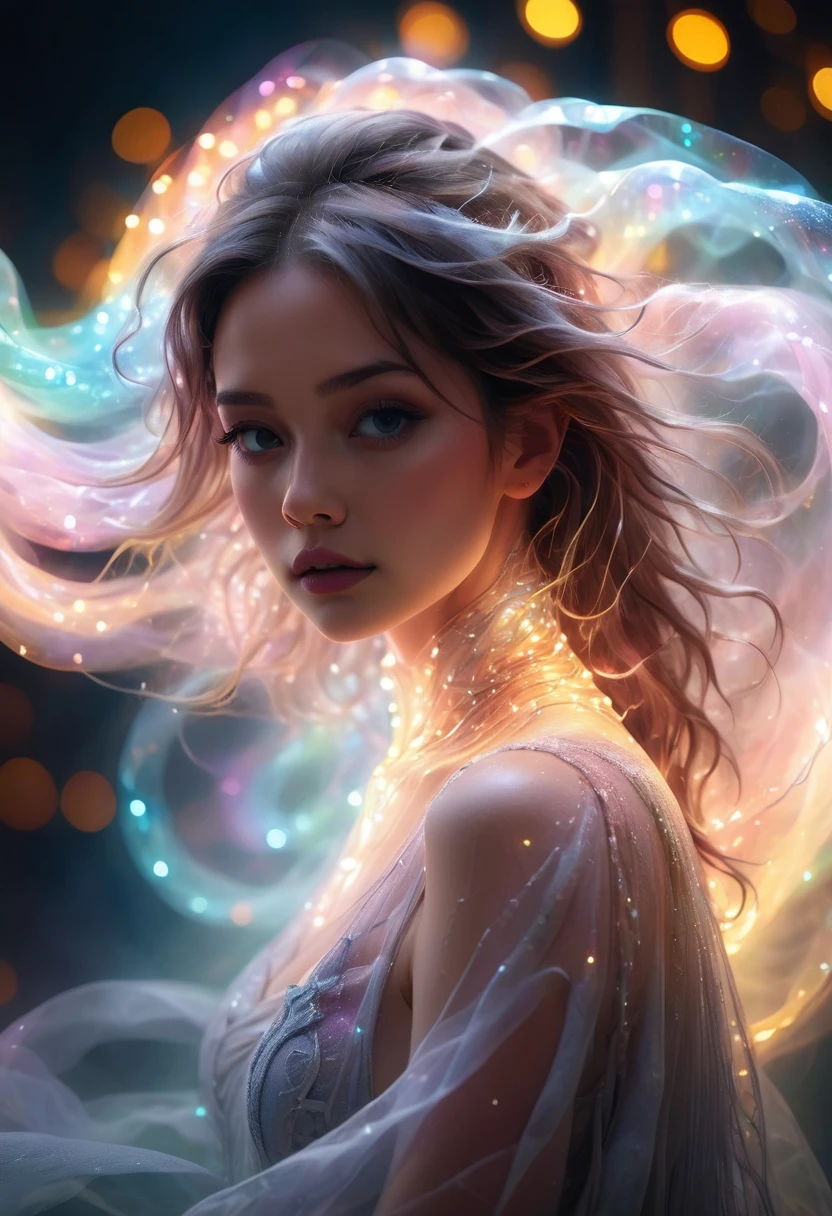 Pastel colors, abstract styles, ethereal photo of mystical figures draped in twinkling lights in a dreamy swirl of colorful smog, crystals adorning the head. Stillness and elusive beauty, surrealism, color and form, emotional expression, imagination, (ghostly effect:1.4) , Official art, masterpiece, perfect anatomy, 32k UHD resolution, best quality, highres, realistic photo, professional photography, cinematic angle, cinematic lights, whole body from far away, cowboy shot, looking at viewer,