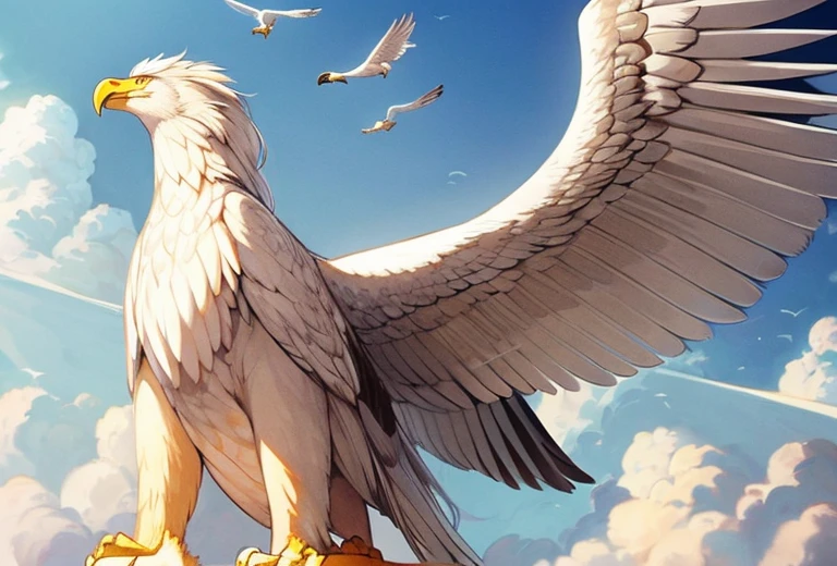 A griffin (head and mane of a white eagle, huge eagle wings attached to the shoulders, fore legs and talons of a bald eagle, body and hind legs of a lion, lion tail) flies majestically in the clouds, special note only one tail