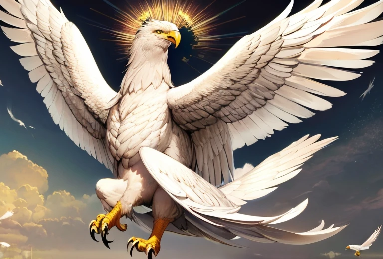 A griffin (head and mane of a white eagle, huge eagle wings attached to the shoulders, fore legs and talons of a bald eagle, body and hind legs of a lion, lion tail) flies majestically in the clouds, special note only one tail
