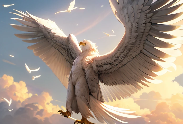A griffin (head and mane of a white eagle, huge eagle wings attached to the shoulders, fore legs and talons of a bald eagle, body and hind legs of a lion, lion tail) flies majestically in the clouds, special note only one tail
