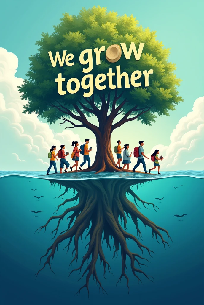 Goal - reach middle of the sea
Lot of students came together from various directions
Roots came out inside of the tree
Students with different books
Write a quote on the leaves of the tree - we grow together
Bold letters
Unique colour design