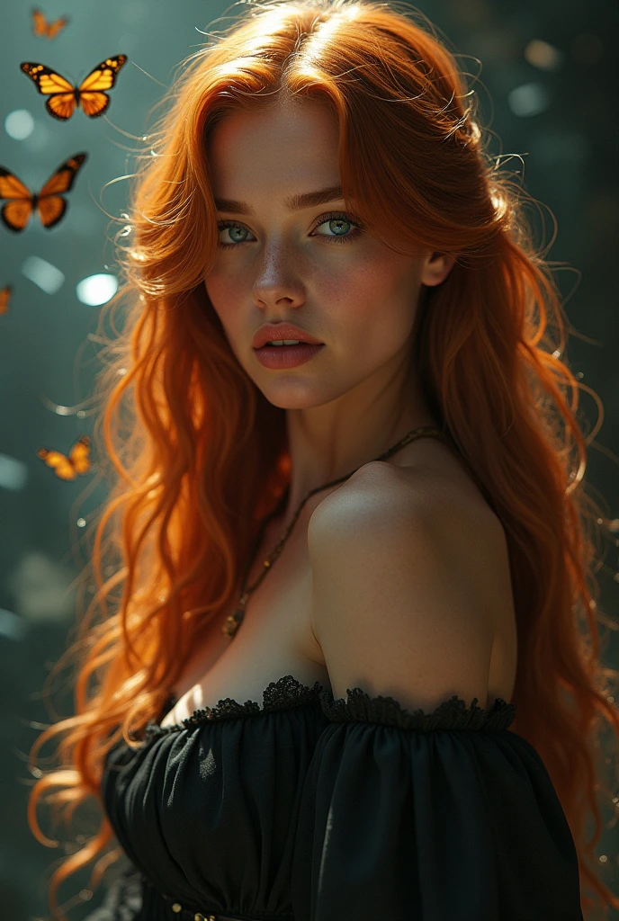 (solo, full body photo:1.3), (action packed:1.3), (haze, fog, mist:1.3), chiaroscuro, best quality, photorealistic, 1woman, (cute), (24yo:1.2), redhead, long ginger hair highly detailed, 1700'S, digital photography, art by artgerm and ruan jia and greg rutkowski surreal painting gold butterfly filigree, broken glass, (masterpiece, sidelighting, finely detailed Fashionable eyes: 1.2) (perfect oval large eyes that gazes at the viewer), beautiful detailed face, blue gorgeous perfect eyes, (blonde hair ponytail), (attractive young woman:1.3), (thick amazing hair), (seductive:1.1), (blushing:1.1)