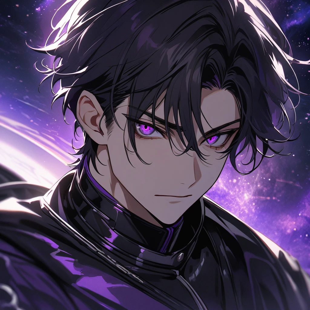 High quality, HD, 4k, no shadows, handsome male, handsome, extremly handsome, 1male, 1 male, teenager, pure black hair, short black hair, dark hair, black hair, jet black hair, sharp eyes, deep purple colored eyes, dark purple colored eyes, deep violet eyes, violet eyes, devil may cry, close up, calm expression, stoic expression, black leather clothes, black leather clothing, leather clothing, lean body, well trained body, upper body, looking at viewer, cowboy shot, white solar, space background