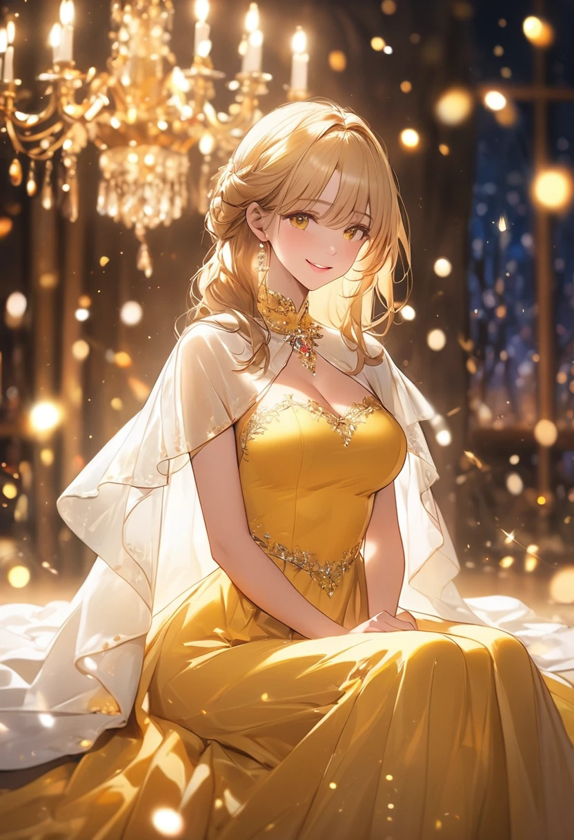 (masterpiece),(4K),high quality,(Large Breasts),One person,Long blonde hair,Pale skin,smile,Beautiful and delicate golden eyes, (Highly detailed elegant),(White Capelet Fashion), Magical colors and atmosphere, Detailed skin,(Cute sparkle), Particles of light,The background is soft and blurry,Add a dramatic and symbolic element to your scene, Written boundary depth, Bokeh, Silky to the touch, Hyper Detail,Sitting,Creates a dreamy and fantastical atmosphere,(Beauty and the Beast theme),(Princess in a shining yellow dress)