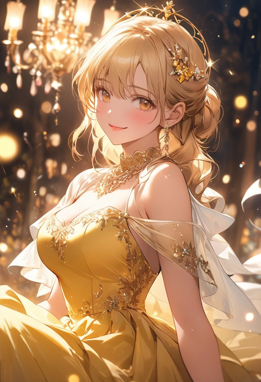(masterpiece),(4K),high quality,(Large Breasts),One person,Long blonde hair,Pale skin,smile,Beautiful and delicate golden eyes, (Highly detailed elegant),(White Capelet Fashion), Magical colors and atmosphere, Detailed skin,(Cute sparkle), Particles of light,The background is soft and blurry,Add a dramatic and symbolic element to your scene, Written boundary depth, Bokeh, Silky to the touch, Hyper Detail,Sitting,Creates a dreamy and fantastical atmosphere,(Beauty and the Beast theme),(Princess in a shining yellow dress)