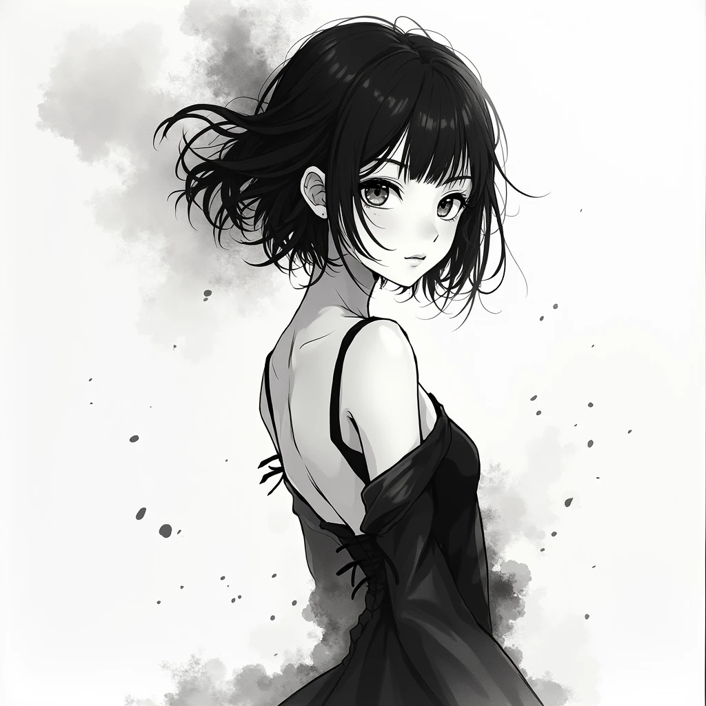 girl，black and white painting，Outline with black ink，smooth lines，The girl&#39;s expression and posture are shown through the contrast of ink，The background is simple，emphasize light, shadow and space，lots of white space，Use thick and light inks to create light and dark changes and layers，Choose the right ink color，Such as deep black、Thick gray、Light coffee, ETC，Express different situations and atmospheres，Control the gradient and transition of ink colors through the humidity and consistency of the ink，black and white tones， Chinese Traditional Ink Painting, Chinese traditional art, ink painting, China Ink Painting, Chinese painting style