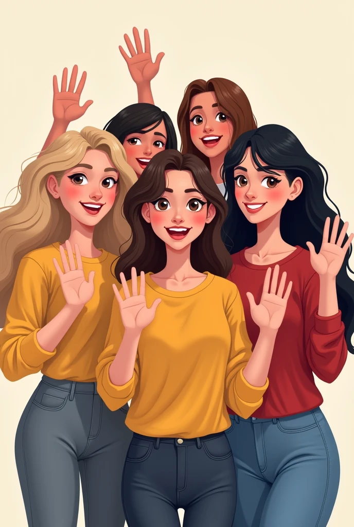 Make me a 2D drawing (not realistic) of FIVE women in their 20s waving, the first one with shoulder length blonde hair with dark brown eyes, the second long wavy brown hair and dark brown eyes, the third shoulder length wavy brown hair with light brown eyes, The fourth one is shorter than the previous ones with light brown eyes and a little bigger., long brown straight hair; the last one with wavy black hair, Dark brown eyes and white skin