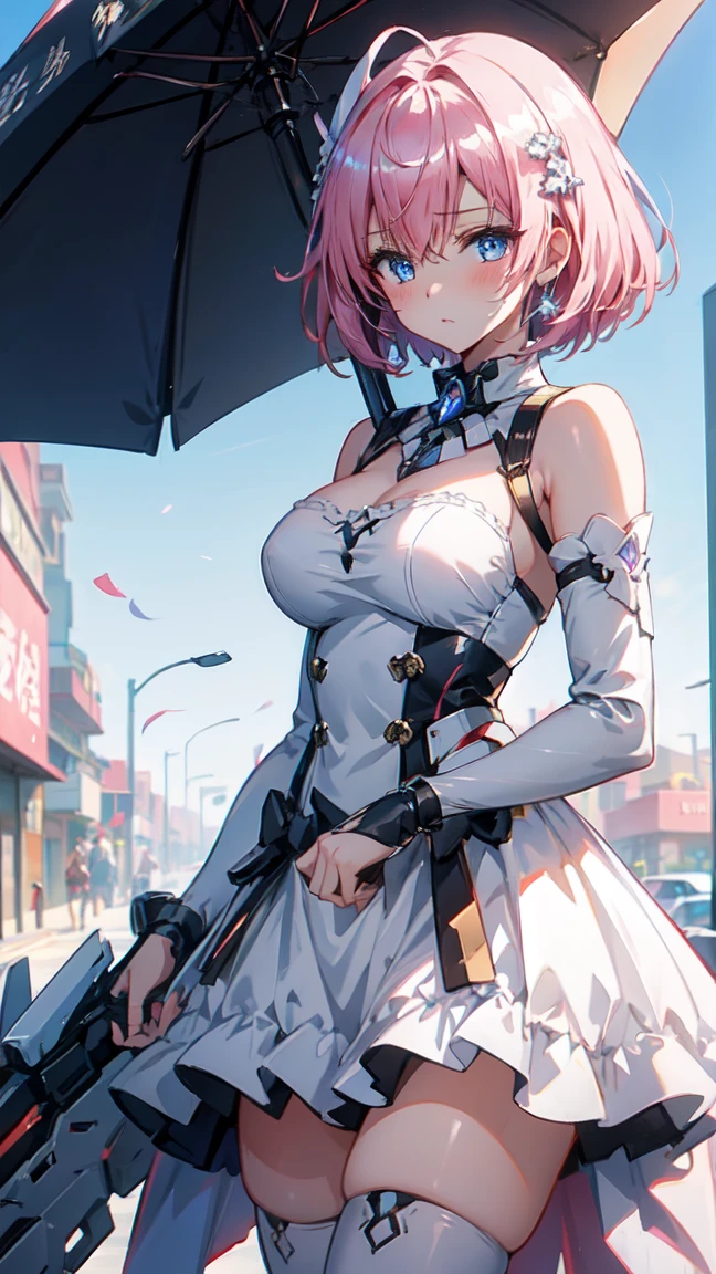 8K,Highest,quality,short hair,(highest quality:1.1), (masterpiece:1.4), (confuse:1.0), Azur Lane,Ikaros,Gift from the Sky,(最好的quality, Detailed background, high resolution, ridiculous, bloom, disheveled hair, shiny hair, exposed to light, High and cold, Focused and meticulous gaze),
1 person, Demon type, Hair accessories, Bob Cooter, short hair 粉色头发, blue eyes, Willow Waist,Large Breasts,On the Street,(blush:1.2),(Perfect fingers)Azur Lane,