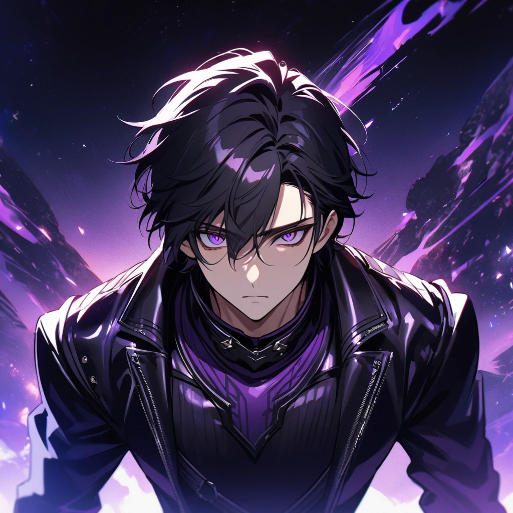 High quality, HD, 4k, no shadows, handsome male, handsome, extremly handsome, 1male, 1 male, teenager, pure black hair, short black hair, dark hair, black hair, jet black hair, sharp eyes, deep purple colored eyes, dark purple colored eyes, deep violet eyes, violet eyes, devil may cry, close up, calm expression, stoic expression, black leather clothes, black leather clothing, leather clothing, lean body, well trained body, upper body, looking at viewer, cowboy shot, white solar, space background