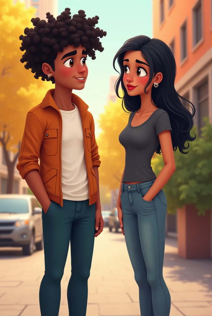 Two young people around , a man and a woman, the man being taller and with very curly hair, both dressed in clothes, and the woman with straight hair. that the whitest male is Latino and the woman is dark-skinned, that the man is without a beard, animated type