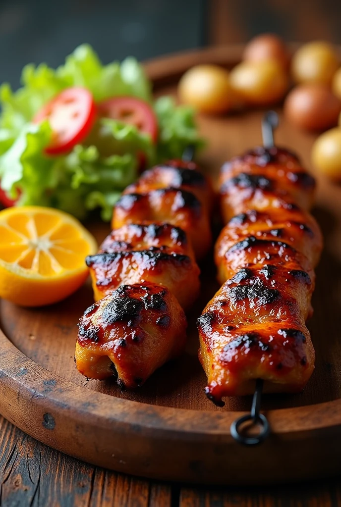 1 beef anticucho stick, 1 stick of chicken anticucho and smoked sausage, salad, slices of corn, papas
