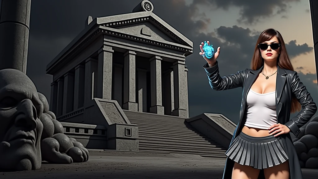 A young futuristic female sorcerer with a glowing floating small crystal stone, releasing mysterial spell and magical power, facing and defeating dark forces and beings. She stands with her right hand raised forward with a blue fire of light, at night, (1girl, solo, alone), photorealistic, large-breast slim:0.6 body, oval:0.5 face, cleavage:1.1, very low angle view of pleated miniskirt, deep-v, (upskirt), glove, (Matrix style black micro sunglasses), dynamic running pose, (half-body thigh level close-up shot), cinematic lighting, ray tracing, motion blur background.