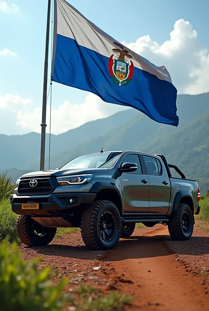Pick up hilux with the flag of the Salvadoran Republic in blue and white