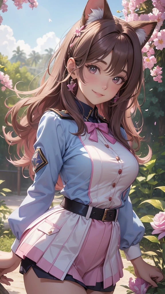 (best quality,4k,8k,highres,masterpiece:1.2),ultra-detailed,(realistic,photorealistic,photo-realistic:1.37),acrylic painting,beautiful Brazilian model in a uniform outfit with downy hair,beautiful Brazilian model with extremely colorful brown hair and detailed facial features,beautiful Brazilian model standing in a beautiful garden sakura flowers, long hair,cat ears, hair bows, uniform blue and pink outfits, smile, happy face,light brown hair,butterflies, brown eyes, mature woman, older woman, 30 year old, adult woman. Older lady, model pose