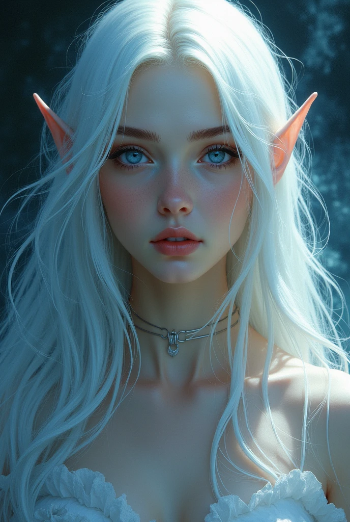 Woman with white hair and blue eyes,