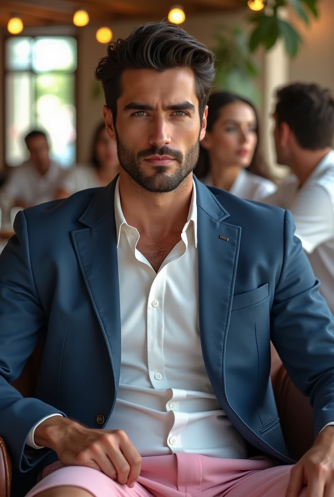 (photorealism:1.2), (8k) (detailed) (Whole body) Give me a man, facial features: square face with a pronounced jawline, prominent cheekbones and thick, dark eyebrows. Adds youth to your appearance. hair: hair oscuro, usually combed back or styled slightly tousled, which can vary between short and medium. eyes: eyes verdes oscuros, with a penetrating look that expresses confidence, with cross-shaped rings on each side. Complexion: slim and well defined. height 1,80, which gives it an imposing presence. style: Your style of dress: White shirt, short rosa. Skin tone: Skin tone bronceado, typical of the Mediterranean. Expression: He usually has a serious or concentrated expression., Although he can display a charming and confident smile. (sitting in a restaurant in a blue jacket, white polo and ripped jeans with friends) (High resolution), (4k).