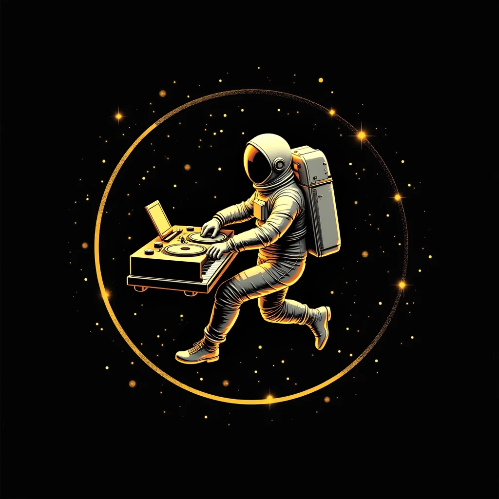 Create a logo with space in the background and an astronaut floating with DJ turntables and playing the piano alone, golden in color, composing a song in a drawing