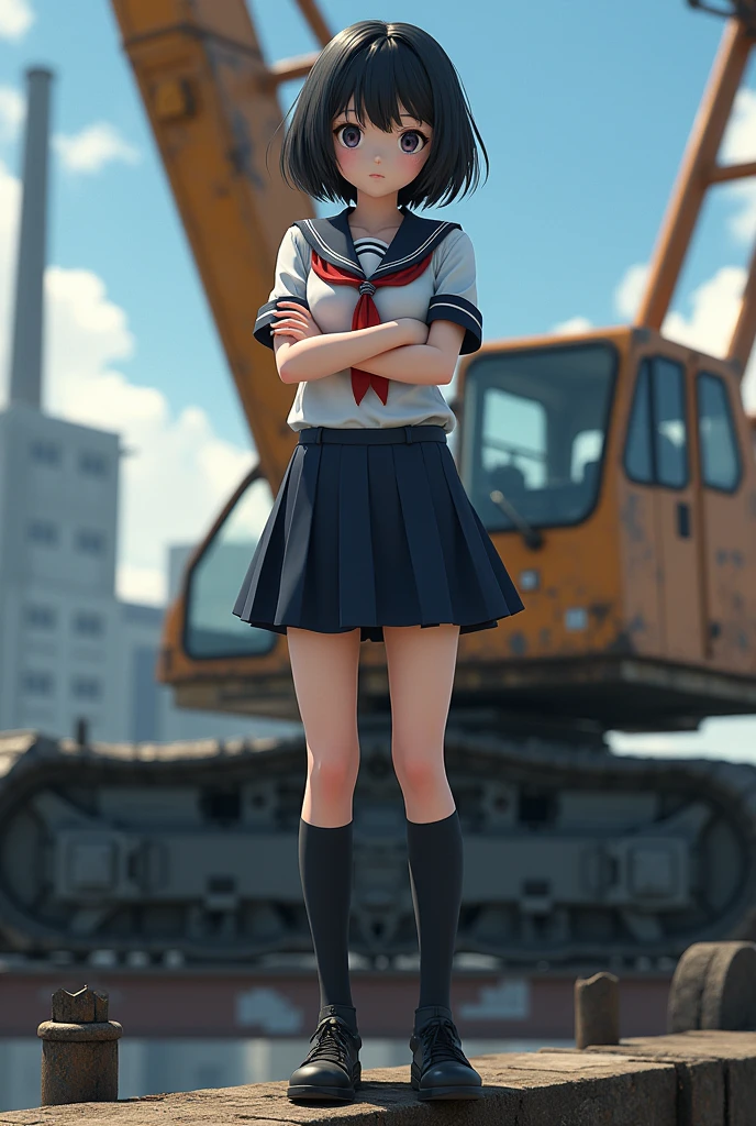 A high school girl standing with her arms folded on the arm of a crane、Black Hair、Bobcut、Japanese、Dynamic composition、Real。