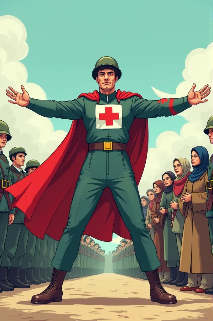 Cartoon of a person with the Red Cross symbol on his arm extended forward, protecting a group of civilians (children, women and elderly) who are behind him. The person could be standing on neutral ground between two opposing armies., but without showing direct violence, highlighting more the gesture of protection and the human figure.