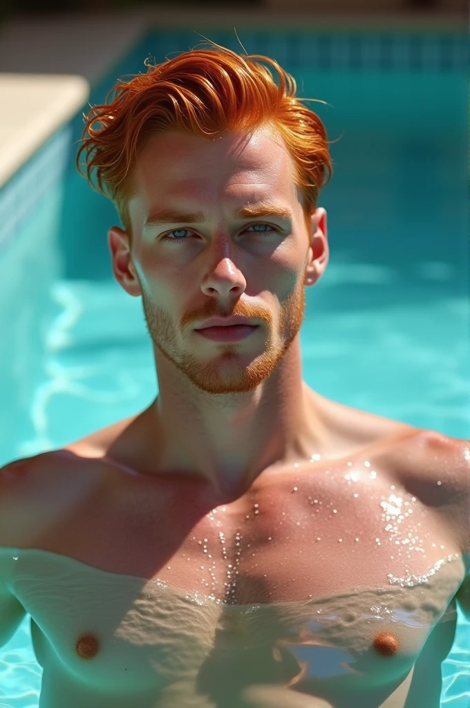 Realistic photo of redhead man with wet skin in the pool