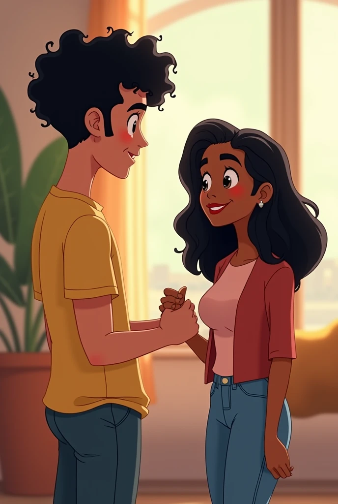 Two young people around , a man and a woman, the man being taller and with very curly hair, both dressed in clothes, and the woman with straight hair. that the whitest male is Latino and the woman is dark-skinned, that the man is without a beard, animated type