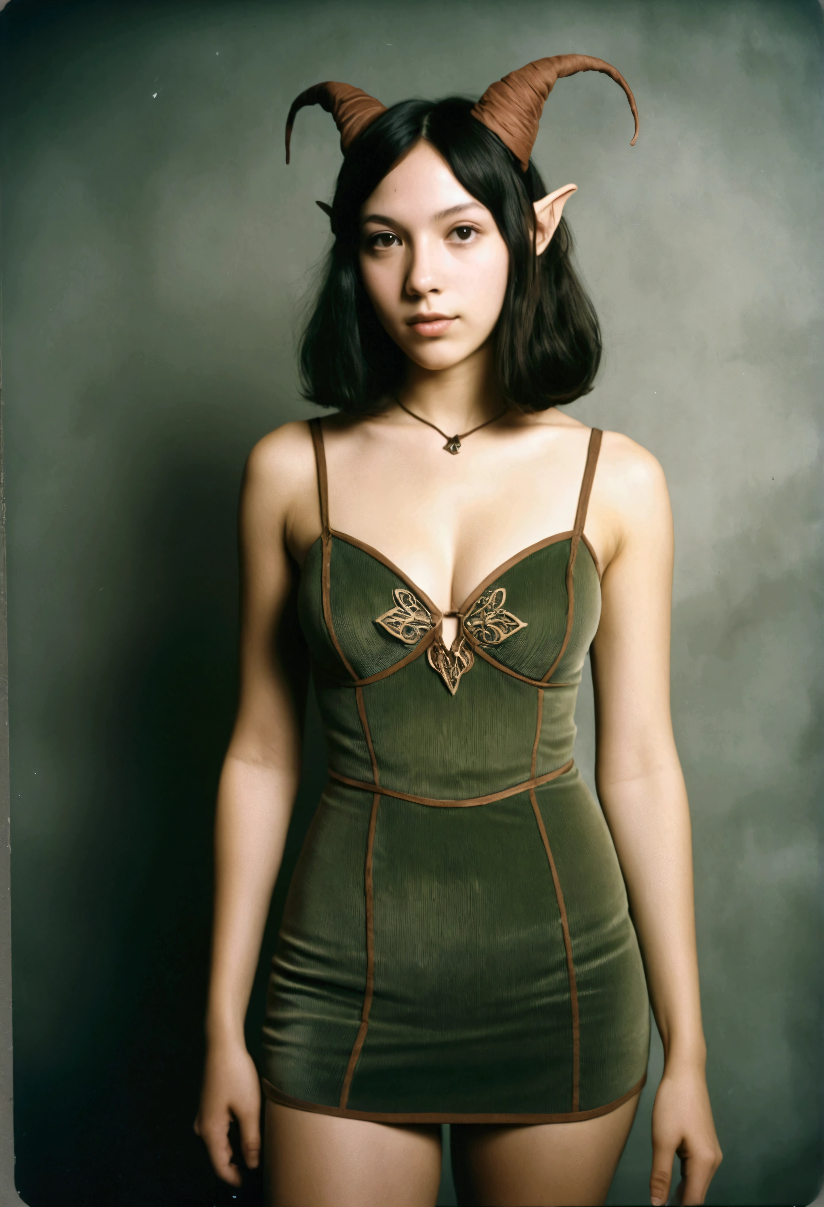 analog film photograph, Polaroid of an elven maiden, 18-years-old, amazonian stature, athletic hourglass figure, busty breasts, narrow waist, full wide hips, big round buttocks, wearing a corduroy mini-dress, warm almond complexion, pointy elf ears, dark hair, short tousled bob cut, posing in a vintage photography studio, RAW Photograph, dslr, soft lighting, high quality, film grain, Fujifilm XT3, detailed skin with visible pores, insane details, masterpiece, 8k, 35mm photograph, dslr, kodachrome, faded film, desaturated, grainy, vintage, Lomography, stained, highly detailed, found footage, long elven ears
