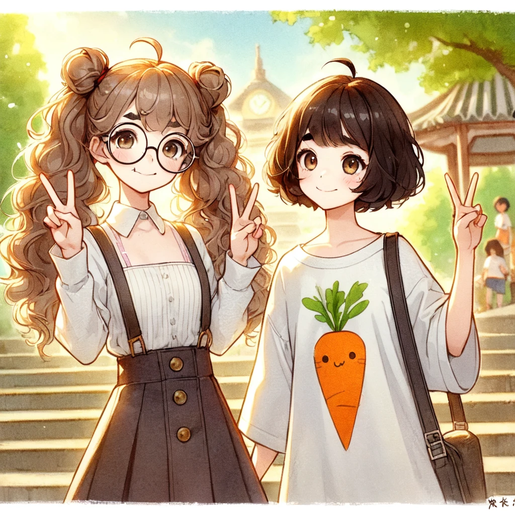 2 girls, Girl 1 has brown hair，Wavy twin ponytails，Sagging eyes，Wearing black round thick-rimmed glasses。
Girl 2 has bob hair style，length to shoulder，A little bit thick eyebrows，Wearing an oversized T-shirt，Exposed shoulders almost dropped to the waist。
two people outdoors，Stairs in the park，The city in the distance is seen in the background，sunny，Perfect fingers，pendulum，Make V with both hands，bending down alone，one&#39;s feet turned sideways，Perfect waist。Wide-angle lens, Human eye perspective shooting, Full body picture