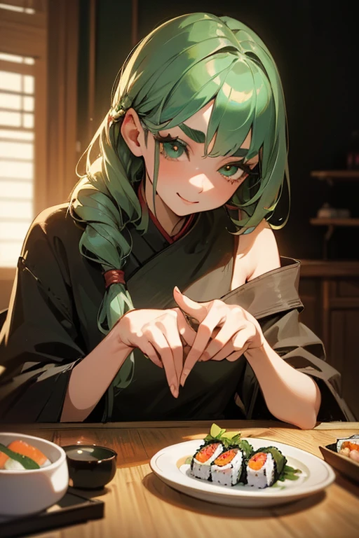 (Highest quality, masterpiece:1.2), High resolution, Very detailed, Realistic:1.37, Fantasy, An illustration, Green Eyes、Queen, Platinum decoration、beautifully、Eyeshadow Red、Thick eyebrows、Long eyelashes、pupils are black、Her hair is light green、Embarrassing、people々々々々々々々々Loved by、Shoulder Bare、Braiding、((Swimwear)).(Save face image),(smile)、((Eat sushi)).(Eat sushi)).