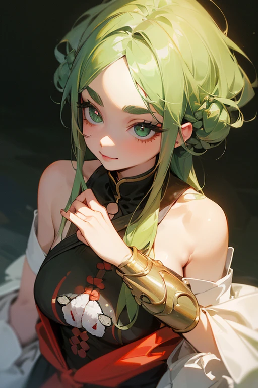 (Highest quality, masterpiece:1.2), High resolution, Very detailed, Realistic:1.37, Fantasy, An illustration, Green Eyes、Queen, Platinum decoration、beautifully、Eyeshadow Red、Thick eyebrows、Long eyelashes、pupils are black、Her hair is light green、Embarrassing、people々々々々々々々々Loved by、Shoulder Bare、Braiding、((Swimwear)).(Save face image),(smile)、((Eat sushi)).(Eat sushi)).
