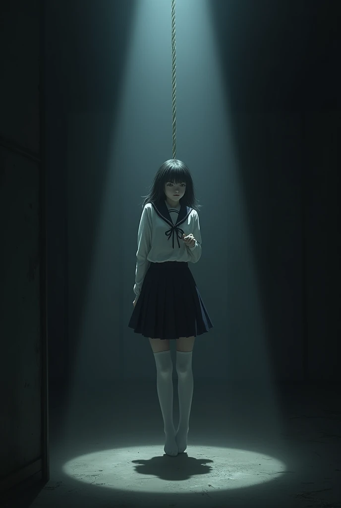 Female student standing on chair to hang herself